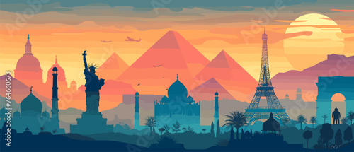 Panoramic vector illustration showcases a diverse range of iconic monuments and landmarks from across the globe