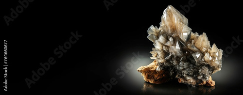 Barite is a rare precious natural stone on a black background. AI generated. Header banner mockup with space.