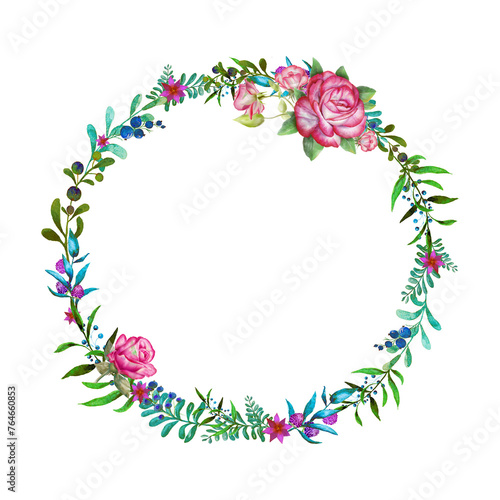 Flowers watercolor wreath with plants and pink roses.