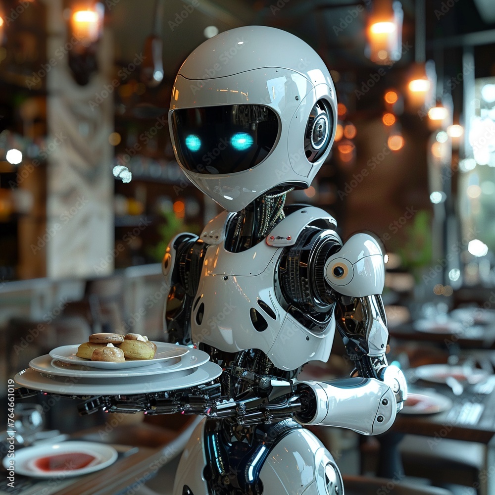Futuristic robot waiter in action, blending service with digital innovation ultra HD,clean sharp focus Futuristic robot waiter in action, blending service with digital innovation ultra HD,clean sharp focus
