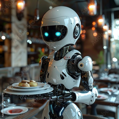 Futuristic robot waiter in action, blending service with digital innovation ultra HD,clean sharp focus © Dadee