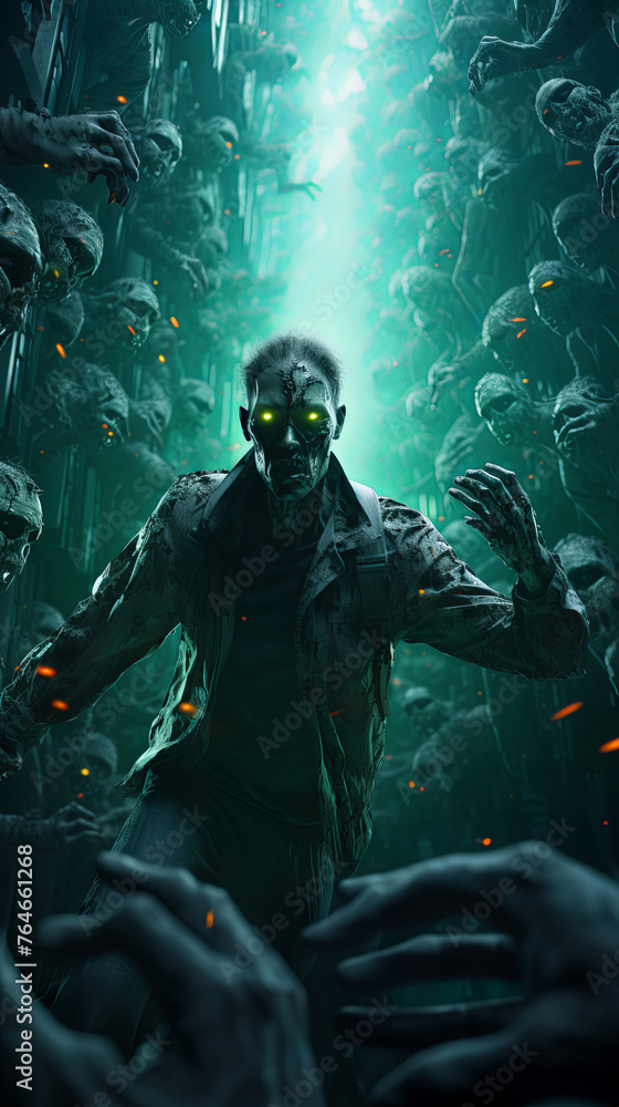 Fototapeta premium Zombies in a matrix-like digital world chase after the glowing essence of Bitcoin, a fusion of horror and technology, 3D render