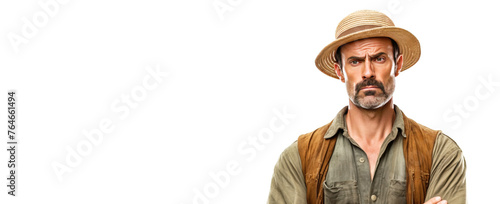 Excited irritated angry male farmer in work clothes, white background isolate. photo