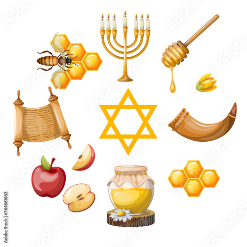  Set of Jewish holiday Rosh Hashanah objects and symbols