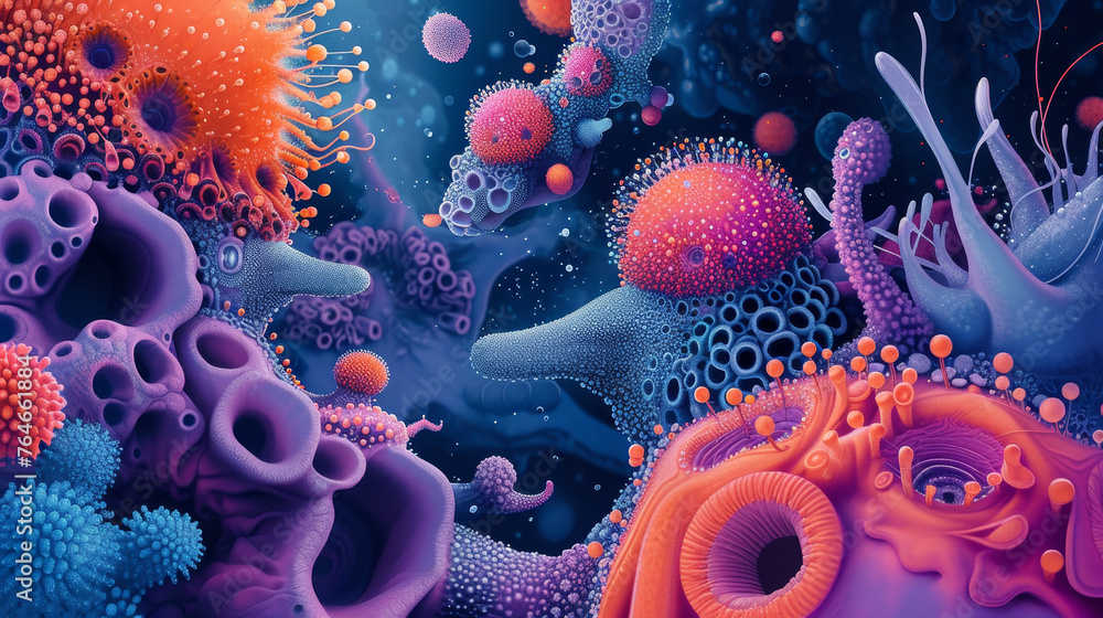 Obraz premium Colorful painting of a virus of strange, colorful biology creatures