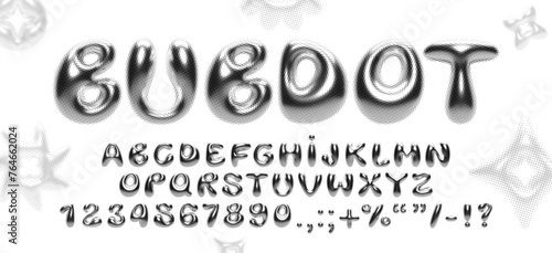 Y2K 3D font with metallic bubble letters, featuring halftone dots, 2000s influence, retro photocopy effect, glossy, shiny chrome alphabet for modern design