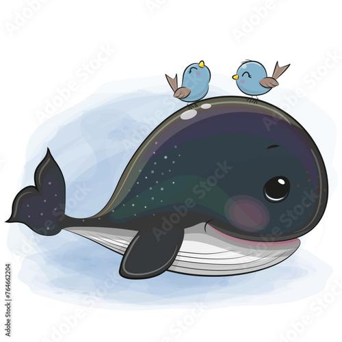 Photography Cartoon black whale and two birds