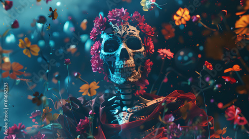 Dia de los muertos, beautiful skeleton human goddess wearing a silk gown wrap, surrounded by floating flower pedals. #764662233