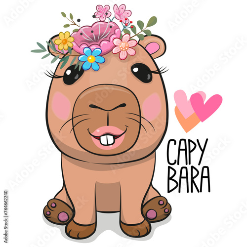 Capybara with flowers isolated on a white background © reginast777