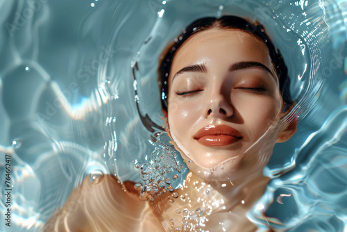Portrait of a beautiful woman in water. Pretty young lady with closed eyes lying in swimming pool and relaxing