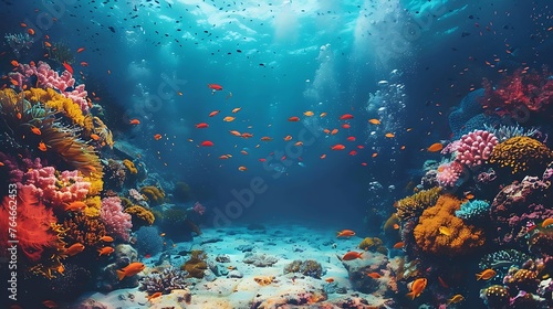 People scuba diving underwater with beautiful view snorkeling many exotic fish and coral AI Image Generative © Anditya