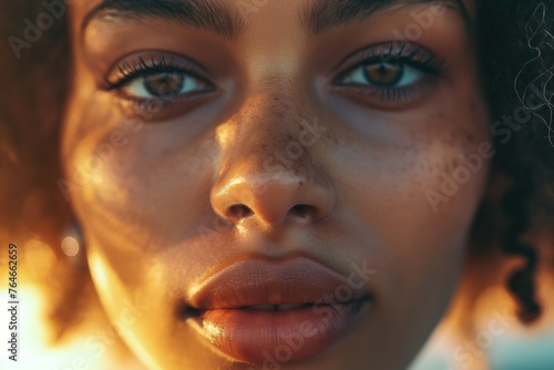 Intimate close-up of a young woman with freckles and natural skin in golden light