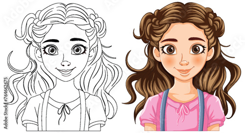 Vector illustration of a girl, black and white to color