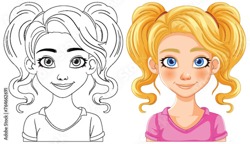 Vector illustration of a girl, black and white and colored versions.