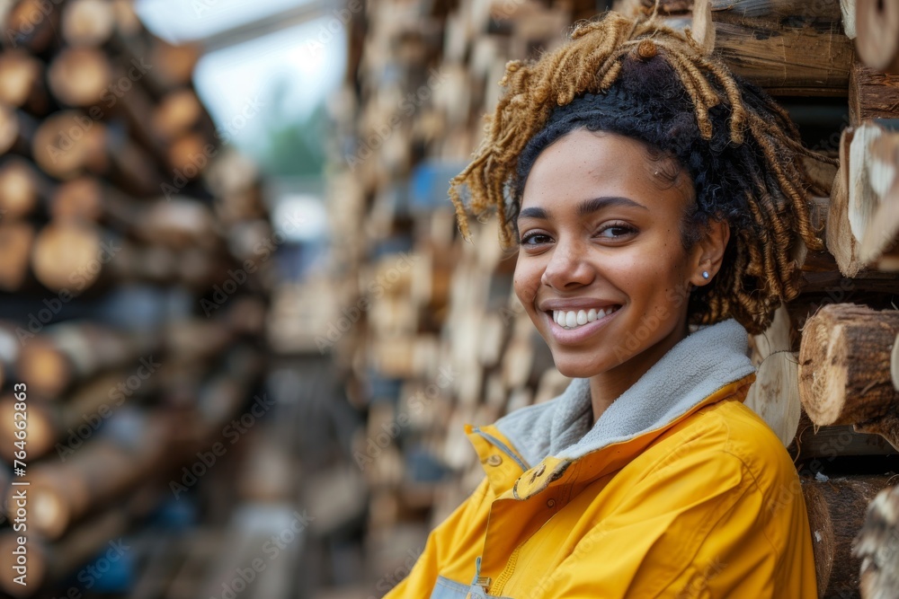 Confident young female worker smiling in front of stacked logs at a lumberyard