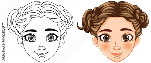 Vector illustration of a girl's face, before and after coloring