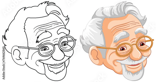 Black and white and colored portraits of a happy senior man.