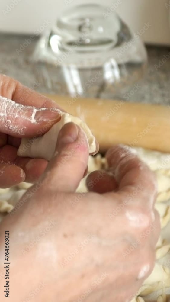 Female hands make meat dumplings on background of wooden rolling pin of flour and dough. Russian, Ukrainian cuisine. Vertical shot Female hands make meat dumplings on background of wooden rolling pin of flour and dough. Russian, Ukrainian cuisine. Vertical shot