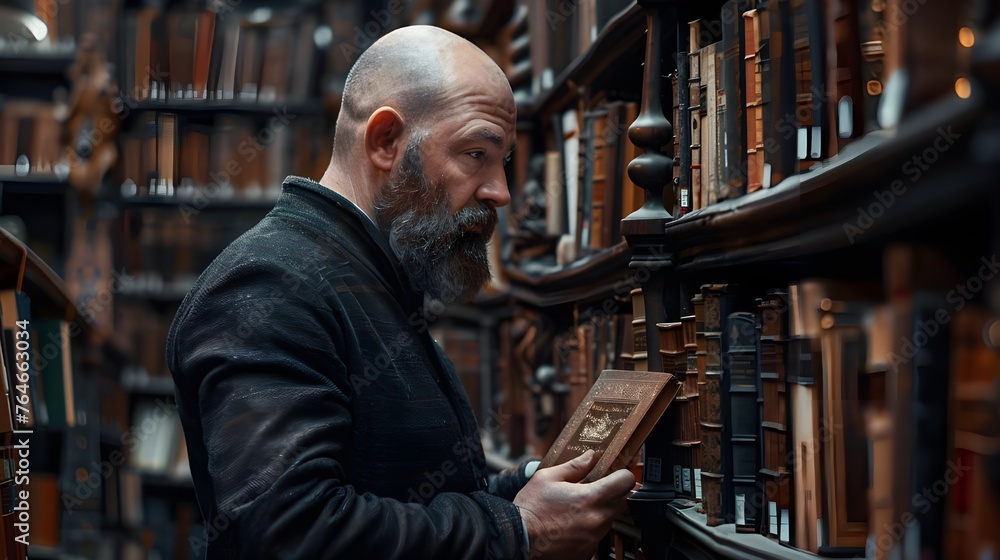 In the library, a man immerses himself in the book world, surrounded by knowledge and a stimulating atmosphere of study and research.