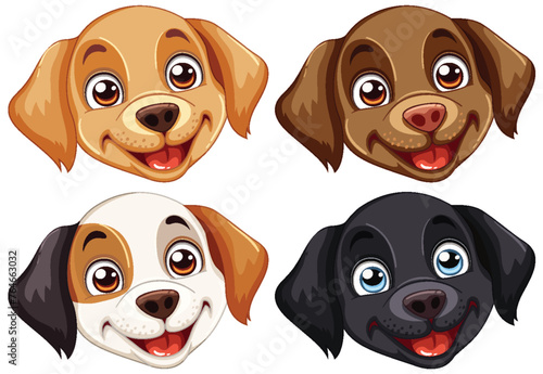 Four cheerful cartoon dog faces smiling.