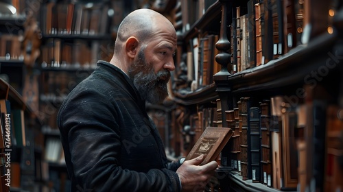 In the library, a man immerses himself in the book world, surrounded by knowledge and a stimulating atmosphere of study and research. © Iaroslav