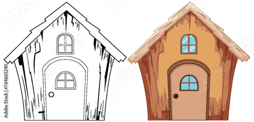 Two stages of a house illustration, sketch to color
