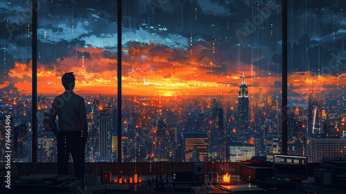 A businessman gazing at a cityscape from his office window, lost in thought as he reflects on the challenges and successes of the day. 
