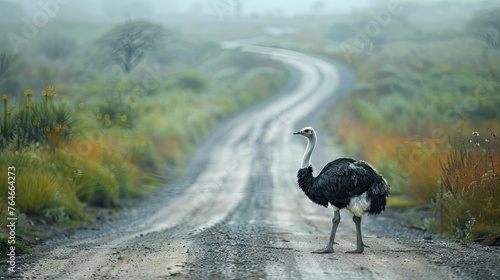 An ostrich, faced with diverging paths marked by varying strategies, embodies the essence of decisive business planning.