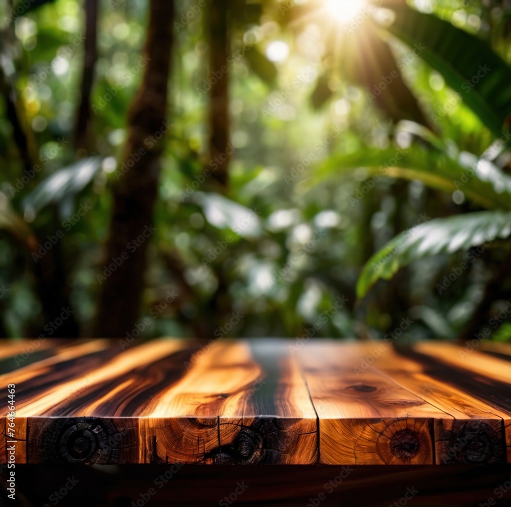 Empty wooden table against jungle rainforest backdrop, for use for product mockup