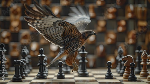 A majestic hawk surveys the chessboard, each piece embodying diverse market tactics, epitomizing dominance and foresight.