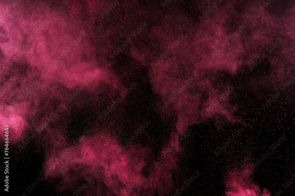 Fire texture. Smoke light. Red powder explosion on black background. Flame cloud. Pink dust explode.	
