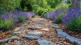 Stone Path Surrounded by Purple Flowers and Greenery