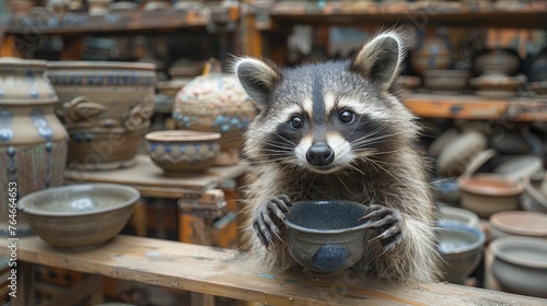 An expert raccoon picking through ancient artifacts displays a keen eye for antiques and collectibles, showcasing discernment.