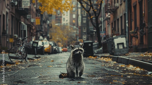 A savvy raccoon adeptly maneuvers through a bustling cityscape, showcasing astute adaptability and strategic market expansion.