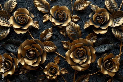 close-up of a bunch of flowers, 3D wallpaper with an attractive design of gold-lining roses. 3D wallpaper with gold lining and rose decorative design.