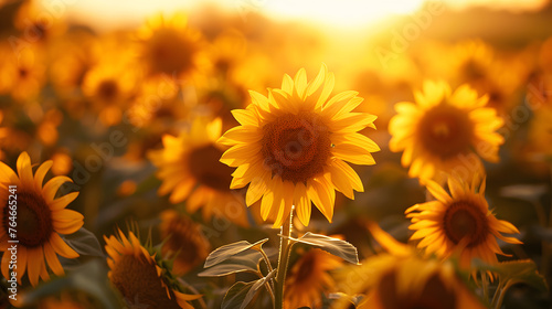 A sunflower field  with golden sunlight as the background  during a lazy summer afternoon