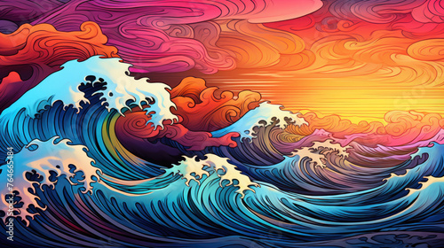 Colourful japanese ocean wave in the sunset. Ocean landscape decorative in oriental style. Japanese background with line wave