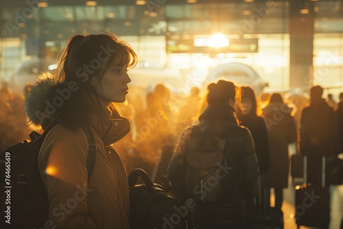 Group of diverse traveling people standing and goes with luggage bags in the terminal of airport, travel and tourism concept. Romantic of Airport, nomad lifestyle, expat life concept.