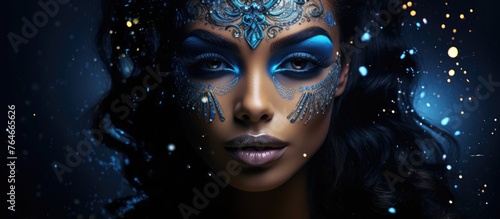 A lady wearing a black dress adorned with vivid blue makeup  creating a bold and striking look