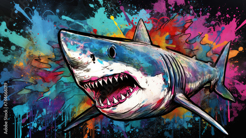 Abstract grunge urban pattern with sea monster character, Scarey Big head Shark, Super drawing in graffiti style, bright vibrant retro colors, blue, pink, orange and purple, multicolors background. photo