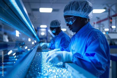 Technicians in blue uniforms working with precision on an assembly line in an industrial environment