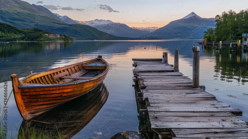 Wooden boat and old wooden dock at evening with mountains on background - obrazy, fototapety, plakaty 