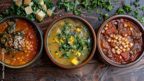 Assorted Hearty Vegan Soups with Fresh Greens