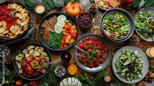 Festive Holiday Table with Assorted Vegetarian Dishes