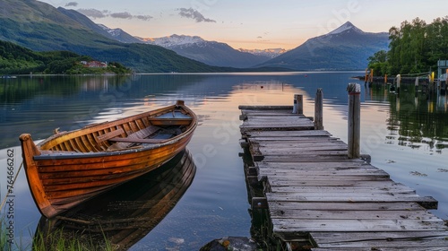 Wooden boat and old wooden dock at evening with mountains on background photo