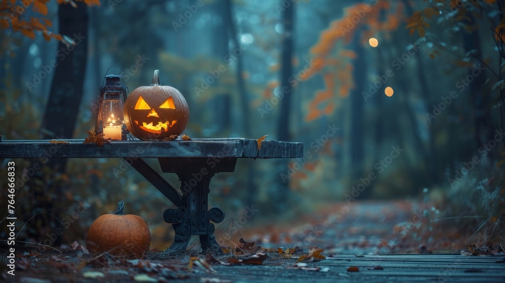 Wooden table with Pumpkins and lantern in dark mystery forest 