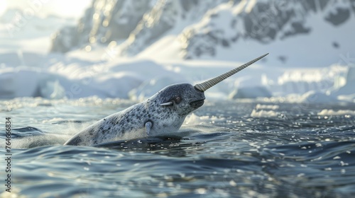 An intrepid narwhal braves icy Arctic waters, its tusk guiding towards uncharted realms, embodying adventure and discovery. photo