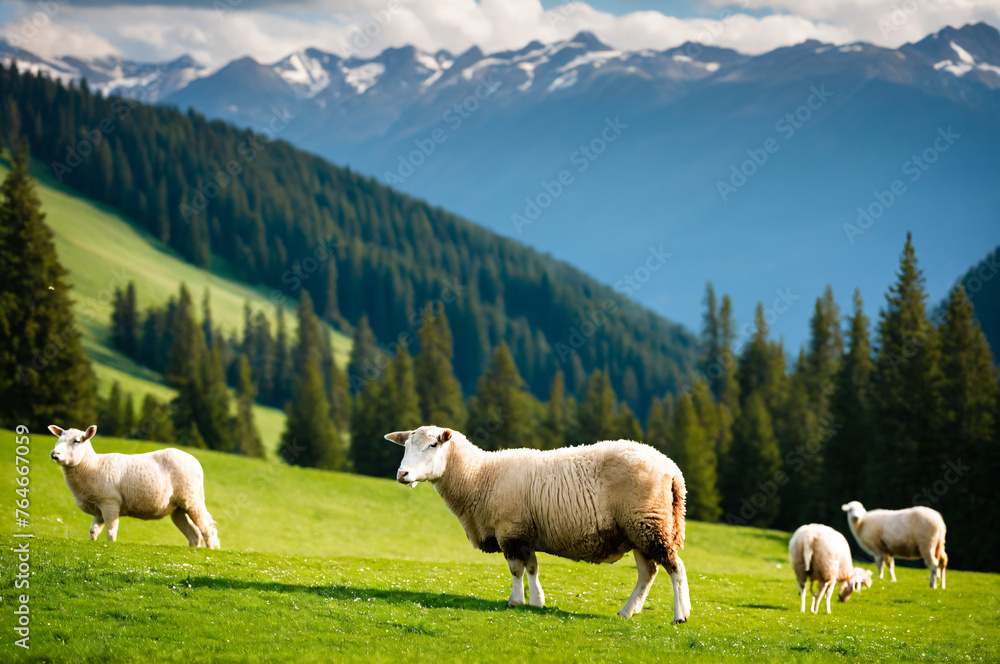 Fototapeta premium Sheep grazing on green alpine meadows.