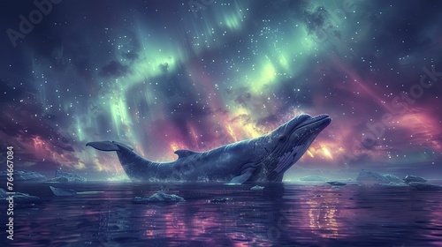 Capturing the mystical allure of nature, a narwhal's silhouette dances beneath the enchanting aurora borealis. photo