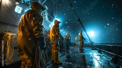 Fishermen working under starry night sky in neon rain suits photo
